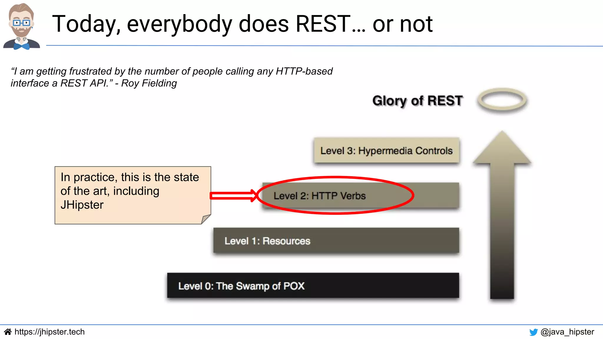 https://jhipster.tech @java_hipster
Today, everybody does REST… or not
In practice, this is the state
of the art, including
JHipster
“I am getting frustrated by the number of people calling any HTTP-based
interface a REST API.” - Roy Fielding
 