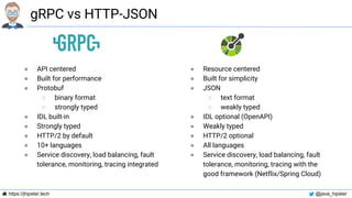 https://jhipster.tech @java_hipster
gRPC vs HTTP-JSON
● API centered
● Built for performance
● Protobuf
○ binary format
○ ...