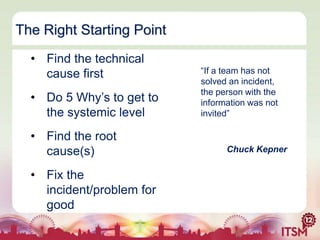 The Right Starting Point
• Find the technical
cause first
• Do 5 Why‟s to get to
the systemic level
• Find the root
cause(s)
• Fix the
incident/problem for
good

“If a team has not
solved an incident,
the person with the
information was not
invited”

Chuck Kepner

 