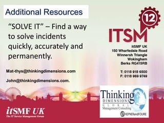 Additional Resources
“SOLVE IT” – Find a way
to solve incidents
quickly, accurately and
permanently.

 