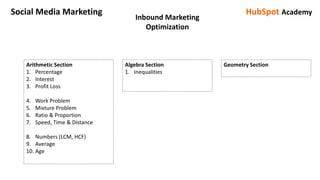 Social Media Marketing
Arithmetic Section
1. Percentage
2. Interest
3. Profit Loss
4. Work Problem
5. Mixture Problem
6. Ratio & Proportion
7. Speed, Time & Distance
8. Numbers (LCM, HCF)
9. Average
10. Age
Algebra Section
1. Inequalities
Geometry Section
HubSpot Academy
Inbound Marketing
Optimization
 