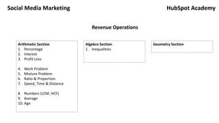 Social Media Marketing
Arithmetic Section
1. Percentage
2. Interest
3. Profit Loss
4. Work Problem
5. Mixture Problem
6. Ratio & Proportion
7. Speed, Time & Distance
8. Numbers (LCM, HCF)
9. Average
10. Age
Algebra Section
1. Inequalities
Geometry Section
HubSpot Academy
Revenue Operations
 