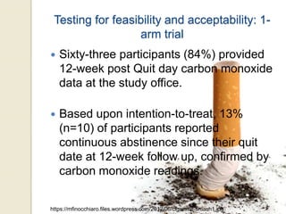 Testing for feasibility and acceptability: 1-
arm trial
 Sixty-three participants (84%) provided
12-week post Quit day carbon monoxide
data at the study office.
 Based upon intention-to-treat, 13%
(n=10) of participants reported
continuous abstinence since their quit
date at 12-week follow up, confirmed by
carbon monoxide readings.
https://mfinocchiaro.files.wordpress.com/2012/06/cigarette-smash1.jpg
 