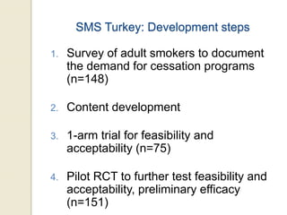 SMS Turkey: Development steps
1. Survey of adult smokers to document
the demand for cessation programs
(n=148)
2. Content development
3. 1-arm trial for feasibility and
acceptability (n=75)
4. Pilot RCT to further test feasibility and
acceptability, preliminary efficacy
(n=151)
 