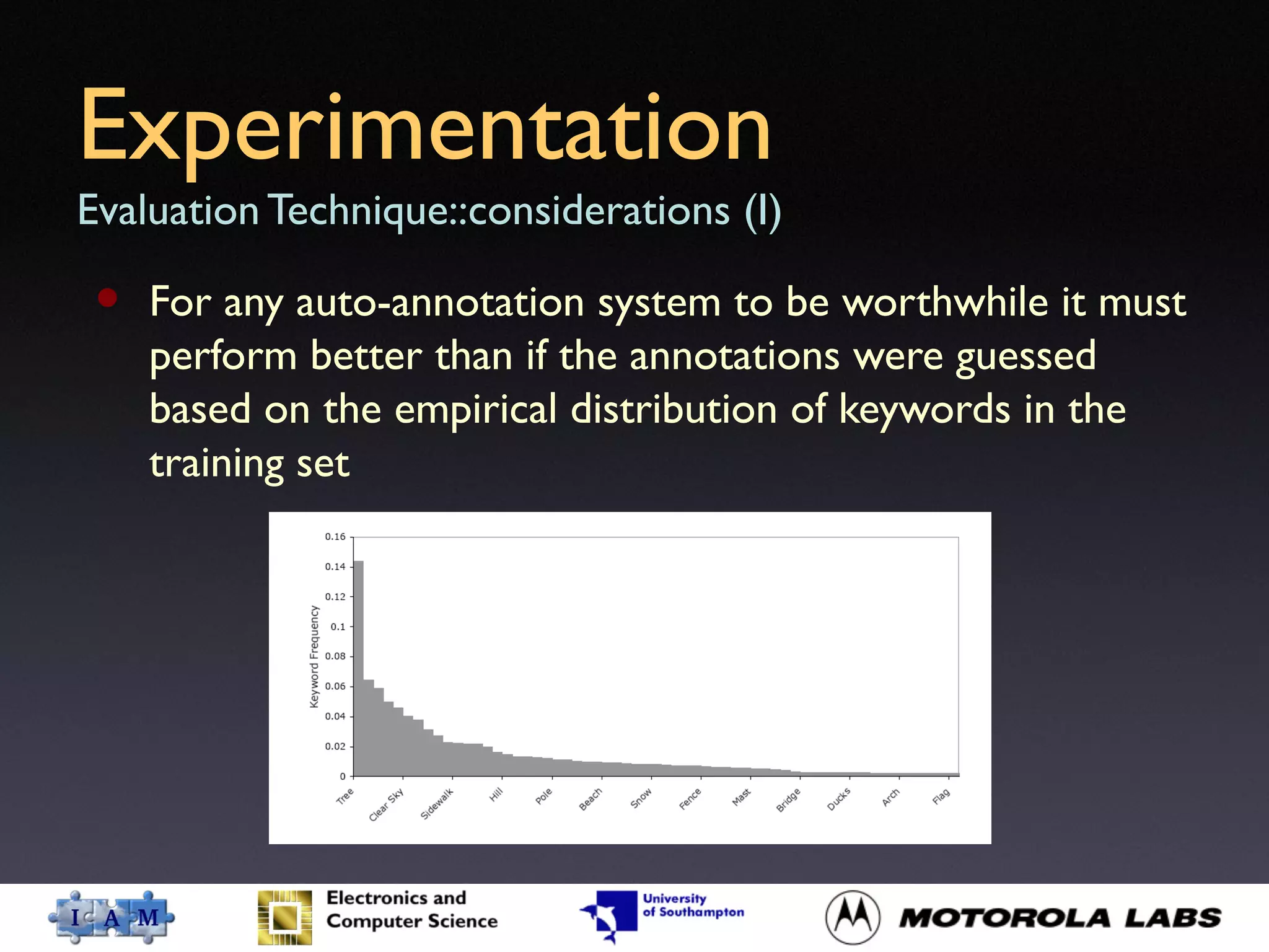 Experimentation
Evaluation Technique::considerations (I)
• For any auto-annotation system to be worthwhile it must
perform better than if the annotations were guessed
based on the empirical distribution of keywords in the
training set
 