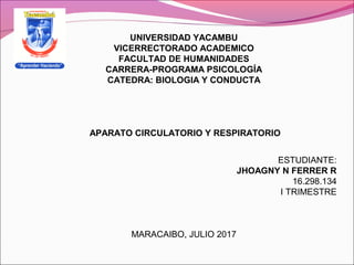 UNIVERSIDAD YACAMBU
VICERRECTORADO ACADEMICO
FACULTAD DE HUMANIDADES
CARRERA-PROGRAMA PSICOLOGÍA
CATEDRA: BIOLOGIA Y CONDUCTA
 
 
 
APARATO CIRCULATORIO Y RESPIRATORIO
ESTUDIANTE:
JHOAGNY N FERRER R
16.298.134
I TRIMESTRE
 
 
 
MARACAIBO, JULIO 2017
 