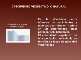 CRECIMIENTO VEGETATIVO  O NATURAL Es la diferencia entre números de nacimientos y muertos ocurridos en 1 año y en un determinado lugar porcada 1000 habitantes. El crecimiento vegetativo de una población se calcula en función de tasas de natalidad y mortalidad- Hacer clic a la imagen  para ver cuadro 