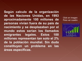 Según calculo de la organización de las Naciones Unidas, en 1993 aproximadamente 100 millones de personas vivían fuera de su país de nacimiento y se desplazaban por el mundo estos serian los llamados emigrantes legales. Estos 100 millones representan tan solo el 2% de la población mundial. Sin duda constituyen un problema en las áreas específicas. Click en imagen Para ver cuadro 