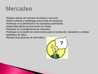 •Realizar planes de mercado de bienes y servicios.
•Definir políticas y estrategias para líneas de productos.
•Participar en la planificación de campañas publicitarias
•Desarrollar planes de promoción de ventas
•Participar en investigaciones de mercados
•Participar en el diseño de instrumentos para la recolección, tabulación y análisis
estadístico de datos.
•Manejo de programas de informática.
 
