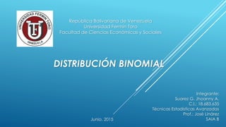 DISTRIBUCIÓN BINOMIAL
República Bolivariana de Venezuela
Universidad Fermín Toro
Facultad de Ciencias Económicas y Sociales
Integrante:
Suarez G. Jhoanny A.
C.I.: 18.683.635
Técnicas Estadísticas Avanzadas
Prof.: José Linárez
SAIA BJunio, 2015
 