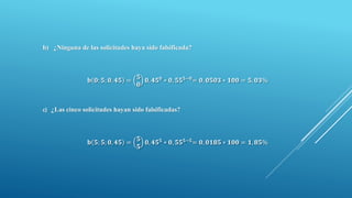 b) ¿Ninguna de las solicitudes haya sido falsificada?
𝐛 𝟎; 𝟓; 𝟎, 𝟒𝟓 =
𝟓
𝟎
𝟎, 𝟒𝟓 𝟎
∗ 𝟎, 𝟓𝟓 𝟓−𝟎
= 𝟎, 𝟎𝟓𝟎𝟑 ∗ 𝟏𝟎𝟎 = 𝟓, 𝟎𝟑%
c) ¿Las cinco solicitudes hayan sido falsificadas?
𝐛 𝟓; 𝟓; 𝟎, 𝟒𝟓 =
𝟓
𝟓
𝟎, 𝟒𝟓 𝟓
∗ 𝟎, 𝟓𝟓 𝟓−𝟓
= 𝟎, 𝟎𝟏𝟖𝟓 ∗ 𝟏𝟎𝟎 = 𝟏, 𝟖𝟓%
 
