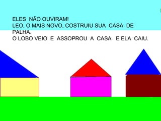 ELES NÃO OUVIRAM!
LEO, O MAIS NOVO, COSTRUIU SUA CASA DE
PALHA.
O LOBO VEIO E ASSOPROU A CASA E ELA CAIU.