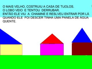 O MAIS VELHO, COSTRUIU A CASA DE TIJOLOS.
O LOBO VEIO E TENTOU DERRUBAR.
ENTÃO ELE VIU A CHAMINE E RESLVEU ENTRAR POR LÁ
QUANDO ELE FOI DESCER TINHA UMA PANELA DE ÁGUA
QUENTE.