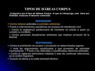 TIPOS DE HÁBEAS CORPUS Cualquiera sea el tipo de Hábeas Corpus  el que se interponga, este  tiene por finalidad  restaurar el derecho vulnerado: REPARADOR >  Contra órdenes  policiales o  judiciales arbitrarias. > Frente a internamientos siquiátricos sin proceso de interdicción civil. > Contra la negligencia penitenciaria de mantener en prisión a quien ya cumplió su condena. > Contra sanciones disciplinarias arbitrarias que implican privación de la libertad. RESTRINGIDO > Contra la prohibición de acceso o circulación en determinados lugares.  > Ante los seguimientos injustificados o que provienen de autoridad incompetente. > Frente a las reiteradas e injustificadas citaciones policiales. > Contra la vigilancia domiciliaria indebida o ante las continuas retenciones en el control migratorio. > Cuando se afecta a la tutela procesal efectiva. 