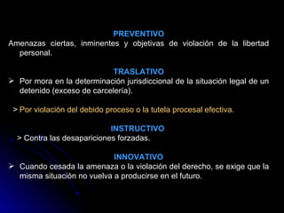 PREVENTIVO Amenazas ciertas, inminentes y objetivas de violación de la libertad personal.  TRASLATIVO Por mora en la determinación jurisdiccional de la situación legal de un detenido (exceso de carcelería). >  Por violación del debido proceso o la tutela procesal efectiva. INSTRUCTIVO   > Contra las desapariciones forzadas. INNOVATIVO Cuando cesada la amenaza o la violación del derecho, se exige que la misma situación no vuelva a producirse en el futuro. 