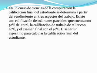 En un curso de ciencias de la computación la calificación final del estudiante se determina a partir del rendimiento en tres aspectos del trabajo. Existe una calificación de exámenes parciales, que cuenta con 30% del total, la calificación de trabajo de taller con 20%, y el examen final con el 50%. Diseñar un algoritmo para calcular la calificación final del estudiante.