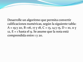    Desarrolle un algoritmo que permita convertir calificaciones numéricas, según la siguiente tabla:A = 19 y 20, B =16, 17 y 18, C = 13, 14 y 15, D = 10, 11 y 12, E = 1 hasta el 9. Se asume que la nota estácomprendida entre 1 y 20.