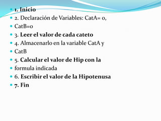 1. Inicio2. Declaración de Variables: CatA= 0,CatB=03. Leer el valor de cada cateto4. Almacenarlo en la variable CatA yCatB5. Calcular el valor de Hip con laformula indicada6. Escribir el valor de la Hipotenusa7. Fin