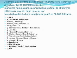 Desarrolle un algoritmo para la empresa Constructora Tecnovivir Casas C.A., que le permita calcular eimprimir la nómina para su cancelación a un total de 50 obreros calificados a quienes debe cancelar porhoras trabajadas. La hora trabajada se pautó en 30.000 Bolívares.1. Inicio2. Declaración de Variables:Numero_Obreros =50Numero_Hora_Trabajadas = 0Total_nomina = 03. Imprimir líneas de títulos de la nómina4. Leer Datos5. Mientras Numero_Obreros>06. Salario = Numero_Hora_Trabajada * 307. Total_nómina= Totalnómina + Salario8. Numero_Obreros = Numero_Obreros - 19. Imprimir Registro10. Leer Datos11. Fin_Mientras12. Imprimir “Total : “, Total_nómina13. Fin
