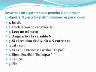 Desarrolle un algoritmo que permita leer un valor cualquiera N y escriba si dicho número es par o impar.1. Inicio2. Declaración de variables: N3. Leer un número4. Asignarlo a la variable N5. Si el residuo de dividir a N entre 2 esigual a cero6. Si es Si: Entonces: Escribir “ Es par”7. Sino: Escribir “Es impar”8. Fin_Si9. Fin