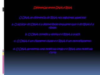 Diferenças entre DNA e RNA


     O DNA se diferencia do RNA nos seguintes aspectos:

a. O açúcar do DNA é a desoxiribose enquanto que o do RNA é a
                           ribose.

         b. O DNA contém a timina e o RNA a uracil.

 c. O DNA é um filamento duplo e o RNA é um monofilamento.

d. O DNA apresenta uma molécula longa e o RNA uma molécula
                         curta
 
