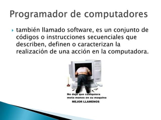    también llamado software, es un conjunto de
    códigos o instrucciones secuenciales que
    describen, definen o caracterizan la
    realización de una acción en la computadora.
 