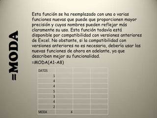 =MODA Esta función se ha reemplazado con una o varias
funciones nuevas que puede que proporcionen mayor
precisión y cuyos nombres pueden reflejar más
claramente su uso. Esta función todavía está
disponible por compatibilidad con versiones anteriores
de Excel. No obstante, si la compatibilidad con
versiones anteriores no es necesaria, debería usar las
nuevas funciones de ahora en adelante, ya que
describen mejor su funcionalidad.
=MODA(A1-A8)
DATOS
1
4
4
5
3
4
2
MODA 4
 