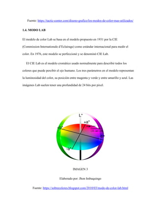 Fuente: https://tactic-center.com/diseno-grafico/los-modos-de-color-mas-utilizados/
1.4. MODO LAB
El modelo de color Lab se basa en el modelo propuesto en 1931 por la CIE
(Commission Internationale d’Eclairage) como estándar internacional para medir el
color. En 1976, este modelo se perfeccionó y se denominó CIE Lab.
El CIE Lab es el modelo cromático usado normalmente para describir todos los
colores que puede percibir el ojo humano. Los tres parámetros en el modelo representan
la luminosidad del color, su posición entre magenta y verde y entre amarillo y azul. Las
imágenes Lab suelen tener una profundidad de 24 bits por pixel.
IMAGEN 3
Elaborado por: Jhon Imbaquingo
Fuente: https://sobrecolores.blogspot.com/2010/03/modo-de-color-lab.html
 