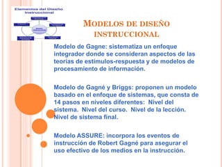MODELOS DE DISEÑO
INSTRUCCIONAL
Modelo de Gagne: sistematiza un enfoque
integrador donde se consideran aspectos de las
teorías de estímulos-respuesta y de modelos de
procesamiento de información.
Modelo de Gagné y Briggs: proponen un modelo
basado en el enfoque de sistemas, que consta de
14 pasos en niveles diferentes: Nivel del
sistema. Nivel del curso. Nivel de la lección.
Nivel de sistema final.
Modelo ASSURE: incorpora los eventos de
instrucción de Robert Gagné para asegurar el
uso efectivo de los medios en la instrucción.
 