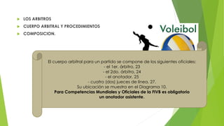  LOS ARBITROS
 CUERPO ARBITRAL Y PROCEDIMIENTOS
 COMPOSICION.
El cuerpo arbitral para un partido se compone de los siguientes oficiales:
- el 1er. árbitro, 23
- el 2do. árbitro, 24
- el anotador, 25
- cuatro (dos) jueces de línea. 27.
Su ubicación se muestra en el Diagrama 10.
Para Competencias Mundiales y Oficiales de la FIVB es obligatorio
un anotador asistente.
 