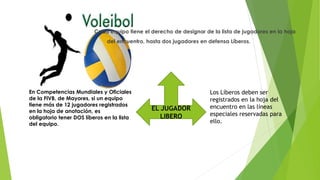 EL JUGADOR
LIBERO
En Competencias Mundiales y Oficiales
de la FIVB, de Mayores, si un equipo
tiene más de 12 jugadores registrados
en la hoja de anotación, es
obligatorio tener DOS líberos en la lista
del equipo.
Los Líberos deben ser
registrados en la hoja del
encuentro en las líneas
especiales reservadas para
ello.
Cada equipo tiene el derecho de designar de la lista de jugadores en la hoja
del encuentro, hasta dos jugadores en defensa Líberos.
 