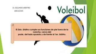 EL SEGUNDO ARBITRO
UBICACION
El 2do. árbitro cumple sus funciones de pie fuera de la
cancha, cerca del
poste, del lado opuesto y de frente al 1er. árbitro.
 