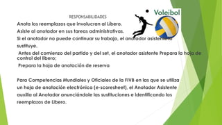 RESPONSABILIDADES
Anota los reemplazos que involucran al Líbero.
Asiste al anotador en sus tareas administrativas.
Si el anotador no puede continuar su trabajo, el anotador asistente lo
sustituye.
Antes del comienzo del partido y del set, el anotador asistente Prepara la hoja de
control del libero;
Prepara la hoja de anotación de reserva
Para Competencias Mundiales y Oficiales de la FIVB en las que se utiliza
un hoja de anotación electrónica (e-scoresheet), el Anotador Asistente
auxilia al Anotador anunciándole las sustituciones e identificando los
reemplazos de Libero.
 