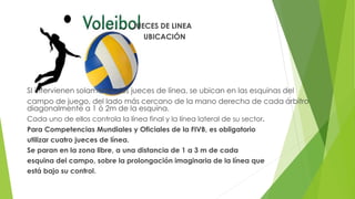 JUECES DE LINEA
UBICACIÓN
SI intervienen solamente dos jueces de línea, se ubican en las esquinas del
campo de juego, del lado más cercano de la mano derecha de cada árbitro
diagonalmente a 1 ó 2m de la esquina.
Cada uno de ellos controla la línea final y la línea lateral de su sector.
Para Competencias Mundiales y Oficiales de la FIVB, es obligatorio
utilizar cuatro jueces de línea.
Se paran en la zona libre, a una distancia de 1 a 3 m de cada
esquina del campo, sobre la prolongación imaginaria de la línea que
está bajo su control.
 