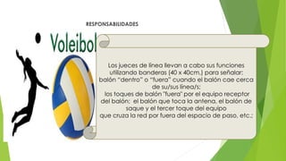 RESPONSABILIDADES
Los jueces de línea llevan a cabo sus funciones
utilizando banderas (40 x 40cm.) para señalar:
balón “dentro” o “fuera” cuando el balón cae cerca
de su/sus línea/s;
los toques de balón "fuera" por el equipo receptor
del balón; el balón que toca la antena, el balón de
saque y el tercer toque del equipo
que cruza la red por fuera del espacio de paso, etc.;
 