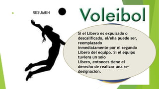  RESUMEN
Si el Libero es expulsado o
descalificado, el/ella puede ser,
reemplazado
inmediatamente por el segundo
Libero del equipo. Si el equipo
tuviera un solo
Libero, entonces tiene el
derecho de realizar una re-
designación.
 