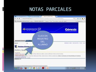 NOTAS PARCIALES



  CLICK EN
  REGISTRO
    DEL
  ALUMNO
 