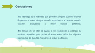 Conclusiones 
El liderazgo es la habilidad que podemos adquirir cuando estamos 
dispuestos a correr riesgos, cuando aprendemos a caminar, cuando 
estamos dispuestos a medir nuestro potencial. 
El trabajo de un líder es ayudar a sus seguidores a alcanzar su 
máxima capacidad para poder alcanzar entre todos los objetivos 
planteados. Es guiarlos, motivarlos a seguir a adelante. 
