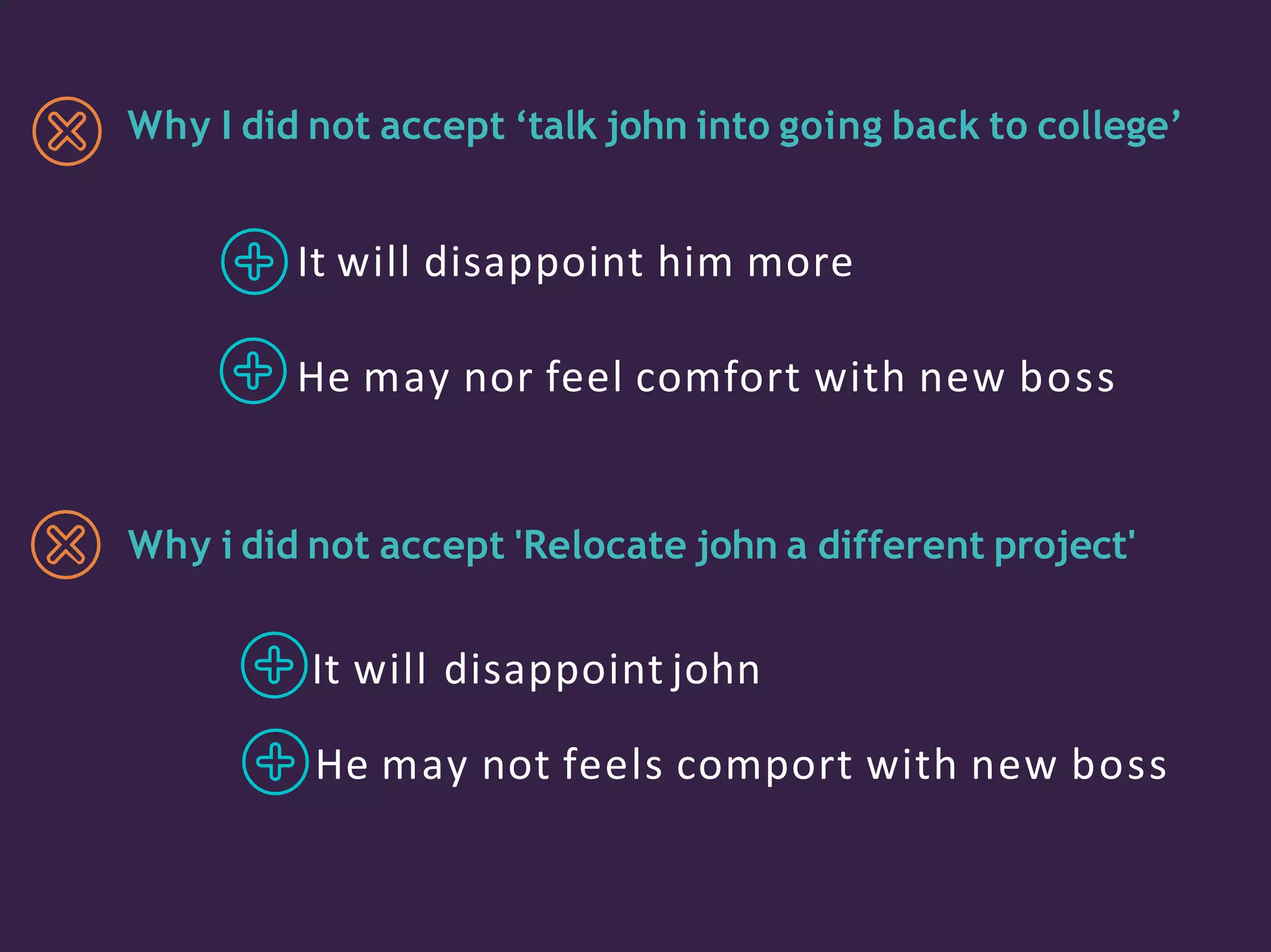 Why I did not accept ‘talk john into going back to college’
It will disappoint him more
He may nor feel comfort with new boss
Why i did not accept 'Relocate john a different project'
It will disappoint john
He may not feels comport with new boss
 