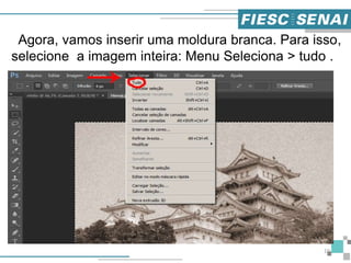 10
Agora, vamos inserir uma moldura branca. Para isso,
selecione a imagem inteira: Menu Seleciona > tudo .
 
