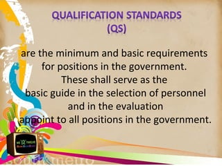 are the minimum and basic requirements
for positions in the government.
These shall serve as the
basic guide in the selection of personnel
and in the evaluation
appoint to all positions in the government.
 