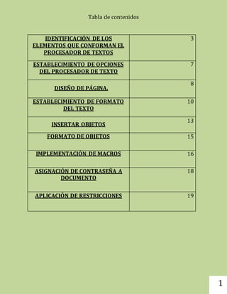 1 
Tabla de contenidos 
IDENTIFICACIÓN DE LOS 
ELEMENTOS QUE CONFORMAN EL 
PROCESADOR DE TEXTOS 
3 
ESTABLECIMIENTO DE OPCIONES 
DEL PROCESADOR DE TEXTO 
7 
DISEÑO DE PÁGINA. 
8 
ESTABLECIMIENTO DE FORMATO 
DEL TEXTO 
10 
INSERTAR OBJETOS 
13 
FORMATO DE OBJETOS 
15 
IMPLEMENTACIÓN DE MACROS 
16 
ASIGNACIÓN DE CONTRASEÑA A 
DOCUMENTO 
18 
APLICACIÓN DE RESTRICCIONES 
19 
 