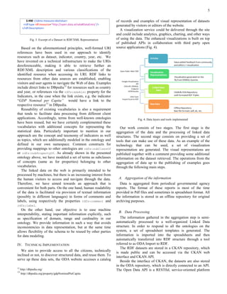 5

         3.498 </sdmx-measure:obsValue>                               of records and examples of visual representation of datasets
       <rdf:type rdf:resource="http://open.data.al/oda#DataEntry"/>   generated by visitors or editors of the website.
      </rdf:Description>
                                                                        A visualization service could be delivered through the site
                                                                      and could include analytics, graphics, charting, and other ways
            Fig. 3. Excerpt of a Dataset in RDF/XML Representation    of using the data. The enhanced visualizations is built on top
                                                                      of published APIs in collaboration with third party open
   Based on the aforementioned principles, well-formed URI            source applications (Fig. 4).
references have been used in our approach to identify
resources such as dataset, indicator, country, year, etc. We
have invested on a technical infrastructure to make the URIs
dereferenceable, making it able to retrieve further an
RDF/XML description and various classifications of the
identified resource when accessing its URI. RDF links to
resources from other data sources are established, enabling
visitors and user agents to navigate the Web of data. Examples
include direct links to DBpedia12 for resources such as country
and year, or references via the rdfs:seeAlso property for the
Indicators, in the case when the link exists, e.g. the indicator
“GDP Nominal per Capita” would have a link to the
respective resource13 in DBpedia.
   Reusability of existing vocabularies is also a requirement
that tends to facilitate data processing from different client
applications. Accordingly, terms from well-known ontologies                         Fig. 4. Data layers and tools implemented
have been reused, but we have certainly complemented these
vocabularies with additional concepts for representing the               Our work consists of two stages. The first stage is the
statistical data. Particularly important to mention in our            aggregation of the data and the processing of linked data
approach are the concept and taxonomy of indicators as well           structures. The second stage consists on providing a set of
as topics, which are additionally modeled in the ontology and         tools that can make use of these data. As an example of the
defined in our own namespace. Common constructs for                   technology that can be used, a set of visualization
providing mappings to other ontologies are rdfs:subClassOf            representation are generated. The visual representations are
or rdfs:subPropertyOf. As already shown in the presented              published together with a comment providing some additional
ontology above, we have modeled a set of terms as subclasses          information on the dataset retrieved. The operations from the
of concepts (same as for properties) belonging to other               aggregation of data up to the publishing of examples goes
vocabularies.                                                         through the following main steps.
   The linked data on the web is primarily intended to be
processed by machines, but there is an increasing interest from
the human visitors to access and navigate through the data.             A. Aggregation of the information
Therefore, we have aimed towards an approach that is                     Data is aggregated from periodical governmental agency
convenient for both parts. On the one hand, human readability         reports. The format of these reports is most of the time
of the data is facilitated via provision of textual information       provided in Pdf files and sometimes in spreadsheet format. All
(possibly in different languages) in forms of comments and            the information is stored in an offline repository for original
labels, using respectively the properties rdfs:comment and            archiving purposes.
rdfs:label.
   On the other hand, our objective is to ease machine
                                                                        B. Data Processing
interpretability, stating important information explicitly, such
as specification of domain, range and cardinality in our                 The information gathered in the aggregation step is semi-
ontology. We provide information in such a way that avoids            automatically processed to a well-organized Linked Data
inconsistencies in data representation, but at the same time          structure. In order to respond to all the ontologies on the
allows flexibility of the schema to be reused by other parties        system, a set of spreadsheet templates is generated. The
for data modeling.                                                    information is imported into the spreadsheets and then
                                                                      automatically transferred into RDF structure through a tool
IV. TECHNICAL IMPLEMENTATION                                          referred to as ODA Import to RDF.
                                                                         The RDF datasets are stored in a CKAN repository, which
   We aim to provide access to all the citizens, technically          is made public and can be accessed via the CKAN web
inclined or not, to discover structured data, and reuse them. To      interface and CKAN API.
serve up these data sets, the ODA website accesses a catalog             Beside the interface of CKAN, the datasets are also stored
                                                                      in the ODA repository, which is directly connected to an API.
12
     http://dbpedia.org/                                              The Open Data API is a RESTful, service-oriented platform
13
     http://dbpedia.org/property/gdpNominalPerCapita
 