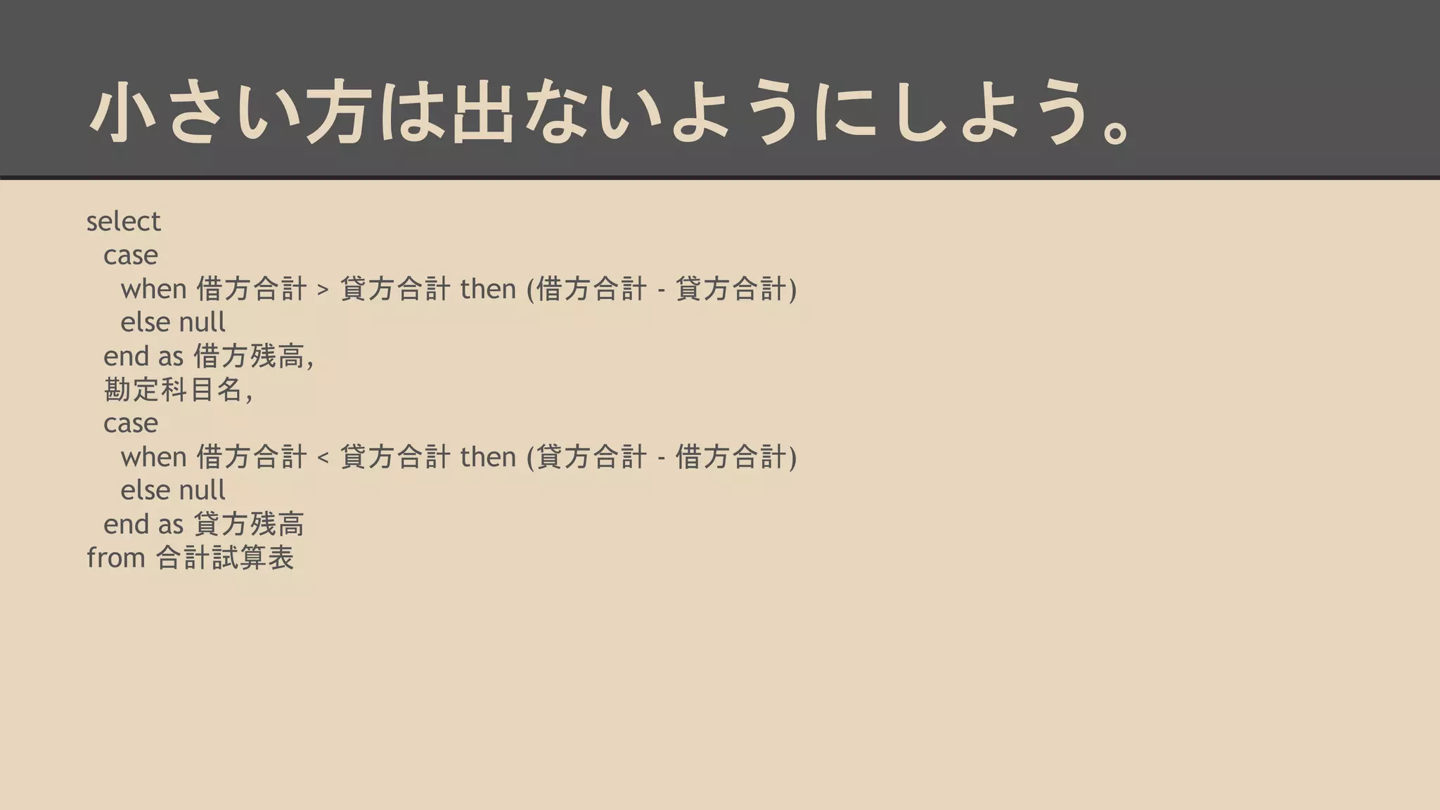 小さい方は出ないようにしよう。
select
case
when 借方合計 > 貸方合計 then (借方合計 - 貸方合計)
else null
end as 借方残高,
勘定科目名,
case
when 借方合計 < 貸方合計 then (貸方合計 - 借方合計)
else null
end as 貸方残高
from 合計試算表
 