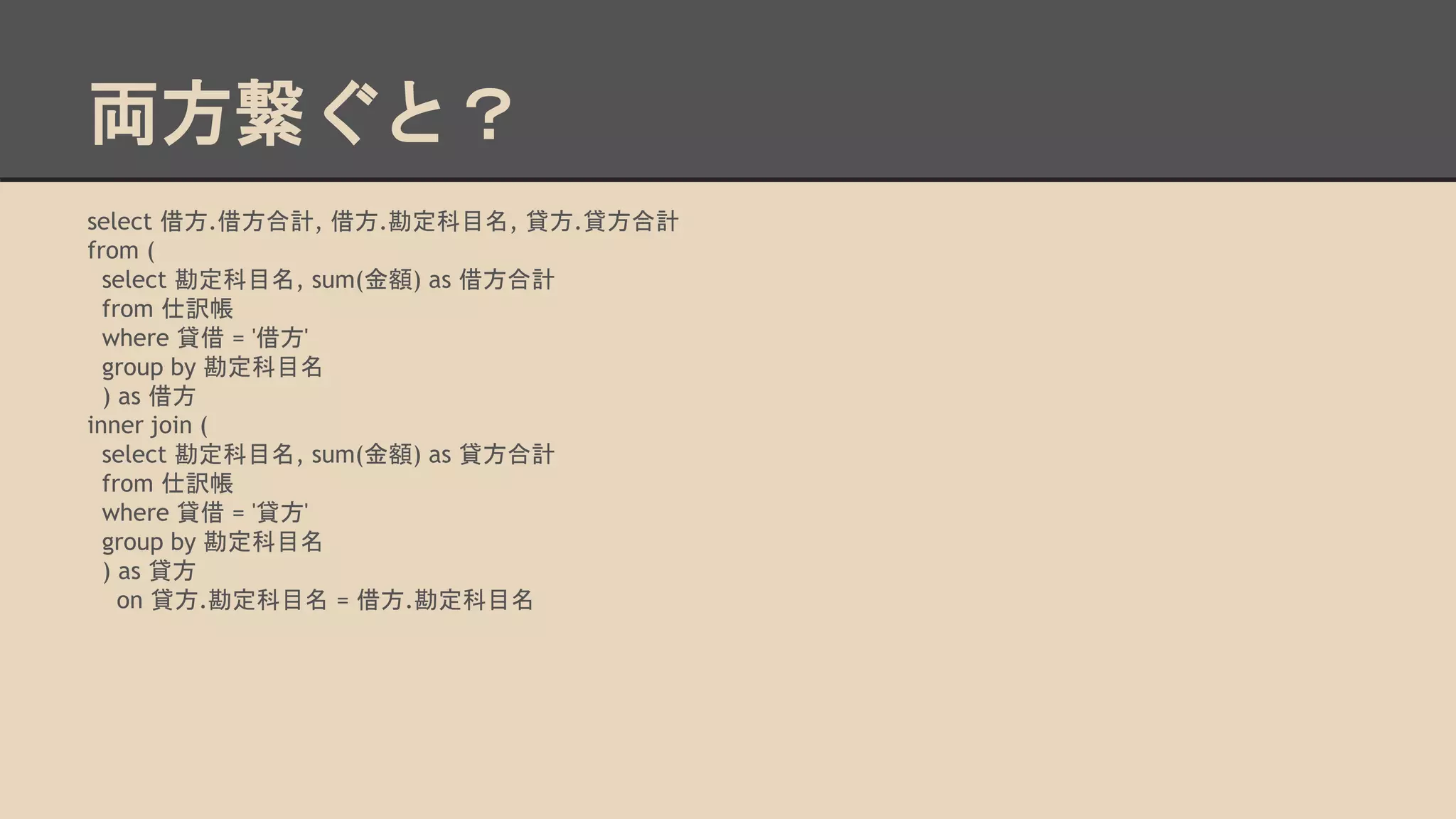 両方繋ぐと？
select 借方.借方合計, 借方.勘定科目名, 貸方.貸方合計
from (
select 勘定科目名, sum(金額) as 借方合計
from 仕訳帳
where 貸借 = '借方'
group by 勘定科目名
) as 借方
inner join (
select 勘定科目名, sum(金額) as 貸方合計
from 仕訳帳
where 貸借 = '貸方'
group by 勘定科目名
) as 貸方
on 貸方.勘定科目名 = 借方.勘定科目名
 
