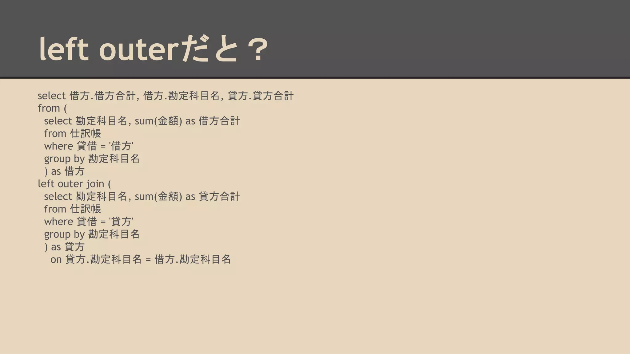 left outerだと？
select 借方.借方合計, 借方.勘定科目名, 貸方.貸方合計
from (
select 勘定科目名, sum(金額) as 借方合計
from 仕訳帳
where 貸借 = '借方'
group by 勘定科目名
) as 借方
left outer join (
select 勘定科目名, sum(金額) as 貸方合計
from 仕訳帳
where 貸借 = '貸方'
group by 勘定科目名
) as 貸方
on 貸方.勘定科目名 = 借方.勘定科目名
 