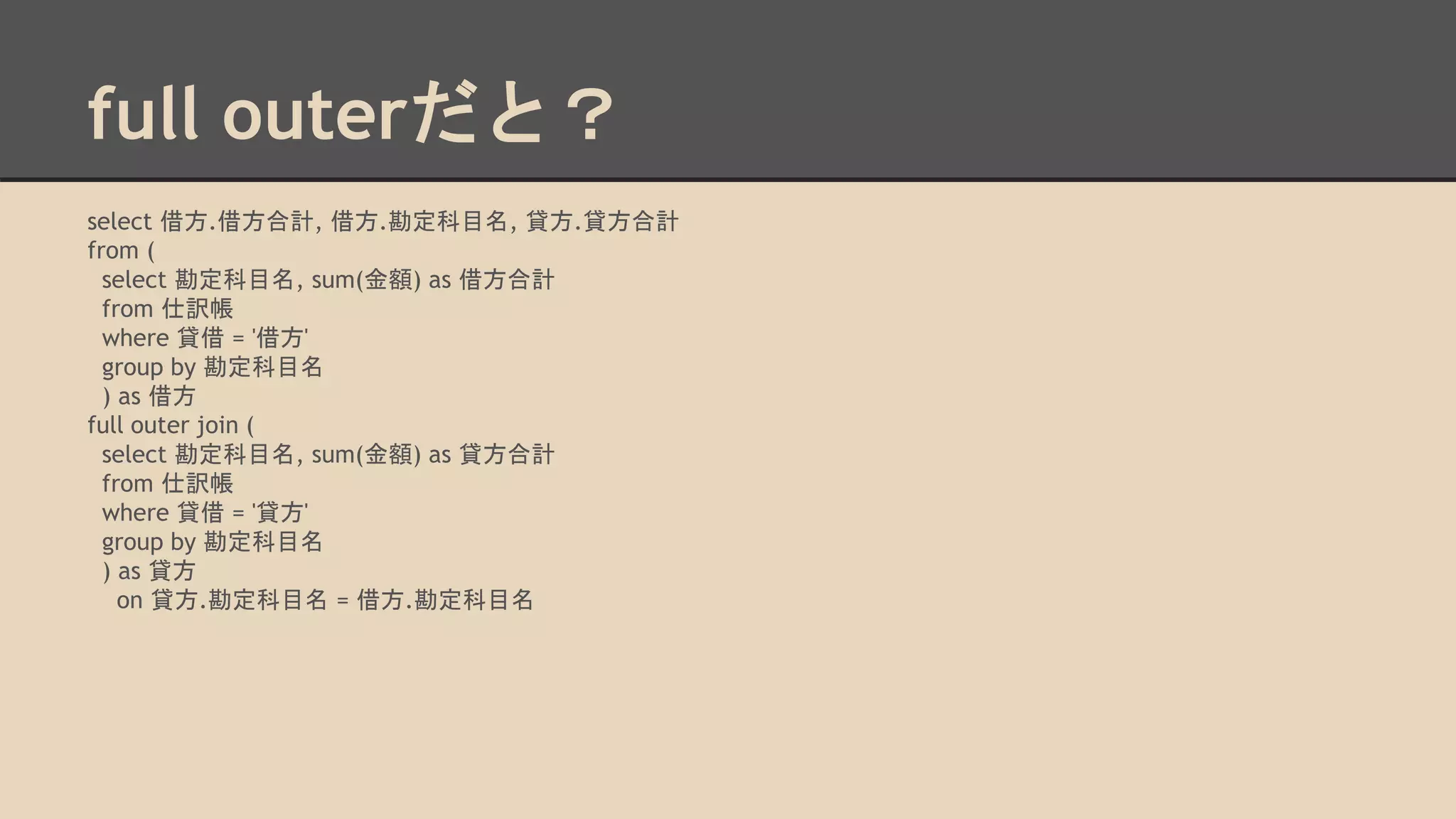 full outerだと？
select 借方.借方合計, 借方.勘定科目名, 貸方.貸方合計
from (
select 勘定科目名, sum(金額) as 借方合計
from 仕訳帳
where 貸借 = '借方'
group by 勘定科目名
) as 借方
full outer join (
select 勘定科目名, sum(金額) as 貸方合計
from 仕訳帳
where 貸借 = '貸方'
group by 勘定科目名
) as 貸方
on 貸方.勘定科目名 = 借方.勘定科目名
 