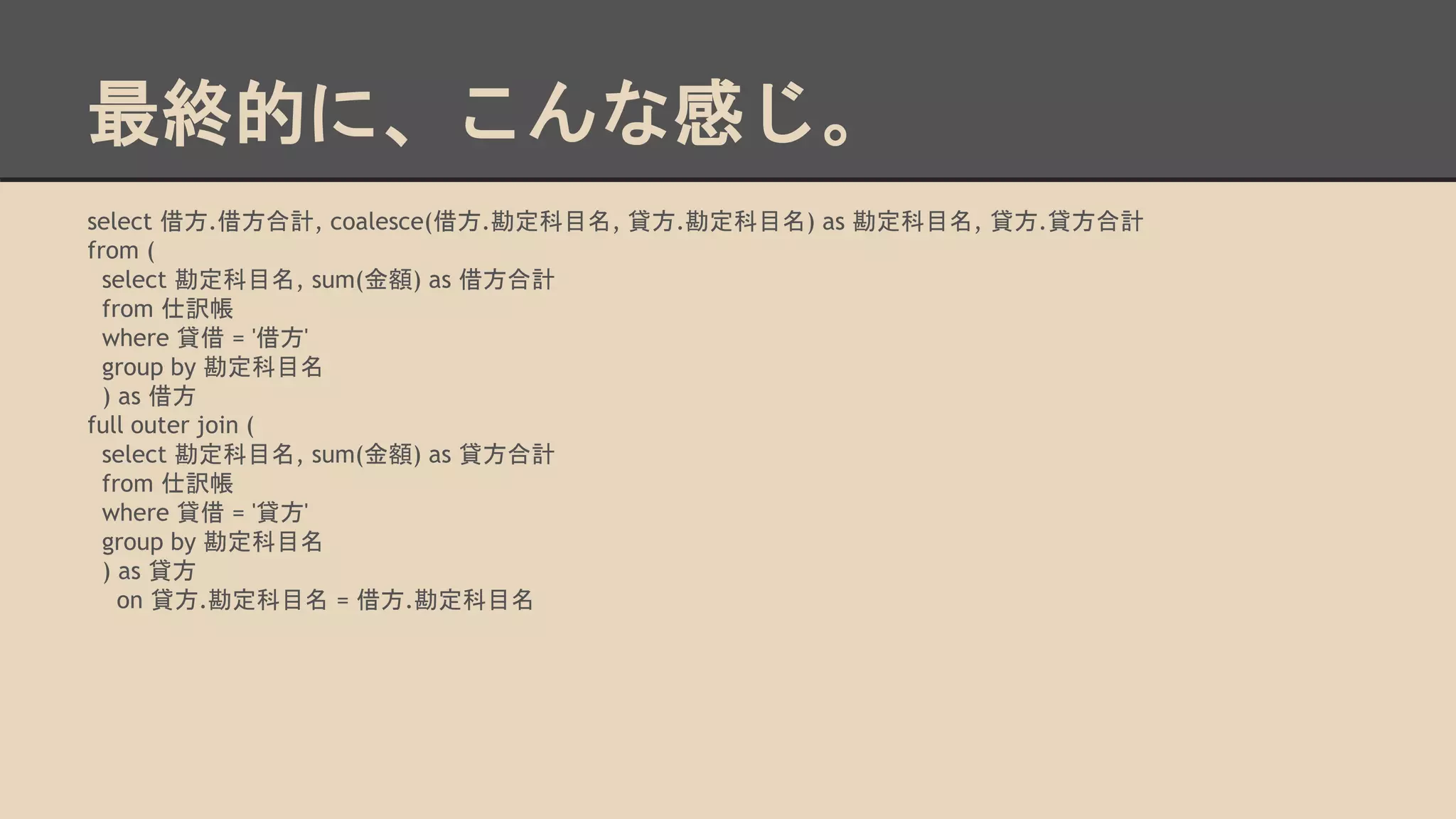 最終的に、こんな感じ。
select 借方.借方合計, coalesce(借方.勘定科目名, 貸方.勘定科目名) as 勘定科目名, 貸方.貸方合計
from (
select 勘定科目名, sum(金額) as 借方合計
from 仕訳帳
where 貸借 = '借方'
group by 勘定科目名
) as 借方
full outer join (
select 勘定科目名, sum(金額) as 貸方合計
from 仕訳帳
where 貸借 = '貸方'
group by 勘定科目名
) as 貸方
on 貸方.勘定科目名 = 借方.勘定科目名
 