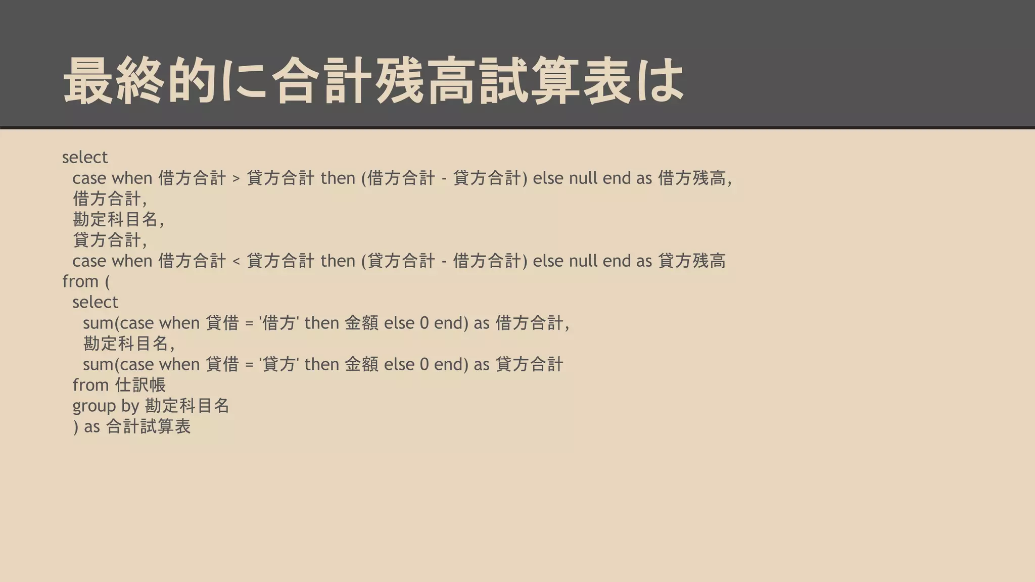 最終的に合計残高試算表は
select
case when 借方合計 > 貸方合計 then (借方合計 - 貸方合計) else null end as 借方残高,
借方合計,
勘定科目名,
貸方合計,
case when 借方合計 < 貸方合計 then (貸方合計 - 借方合計) else null end as 貸方残高
from (
select
sum(case when 貸借 = '借方' then 金額 else 0 end) as 借方合計,
勘定科目名,
sum(case when 貸借 = '貸方' then 金額 else 0 end) as 貸方合計
from 仕訳帳
group by 勘定科目名
) as 合計試算表
 