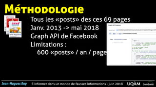 S’informer dans un monde de fausses informations - juin 2018Jean-Hugues Roy
Tous les « posts » des ces 69 pages
Méthodologie
Janv. 2013 -> mai 2018
Graph API de Facebook
Limitations :
600 « posts » / an / page
 